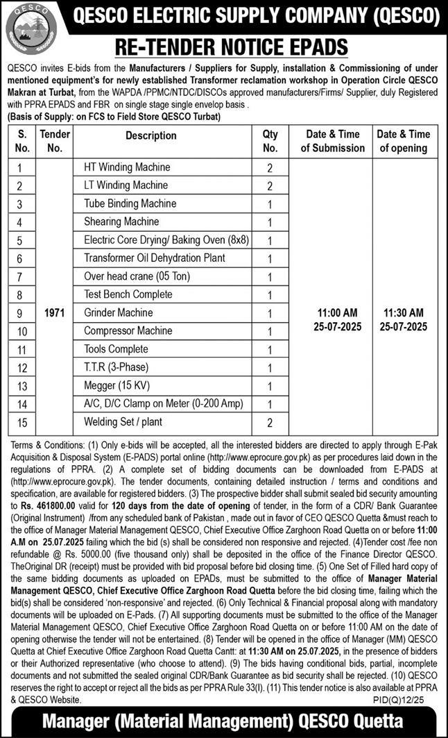 QESCO Electric Supply Company Quetta Tender Notice